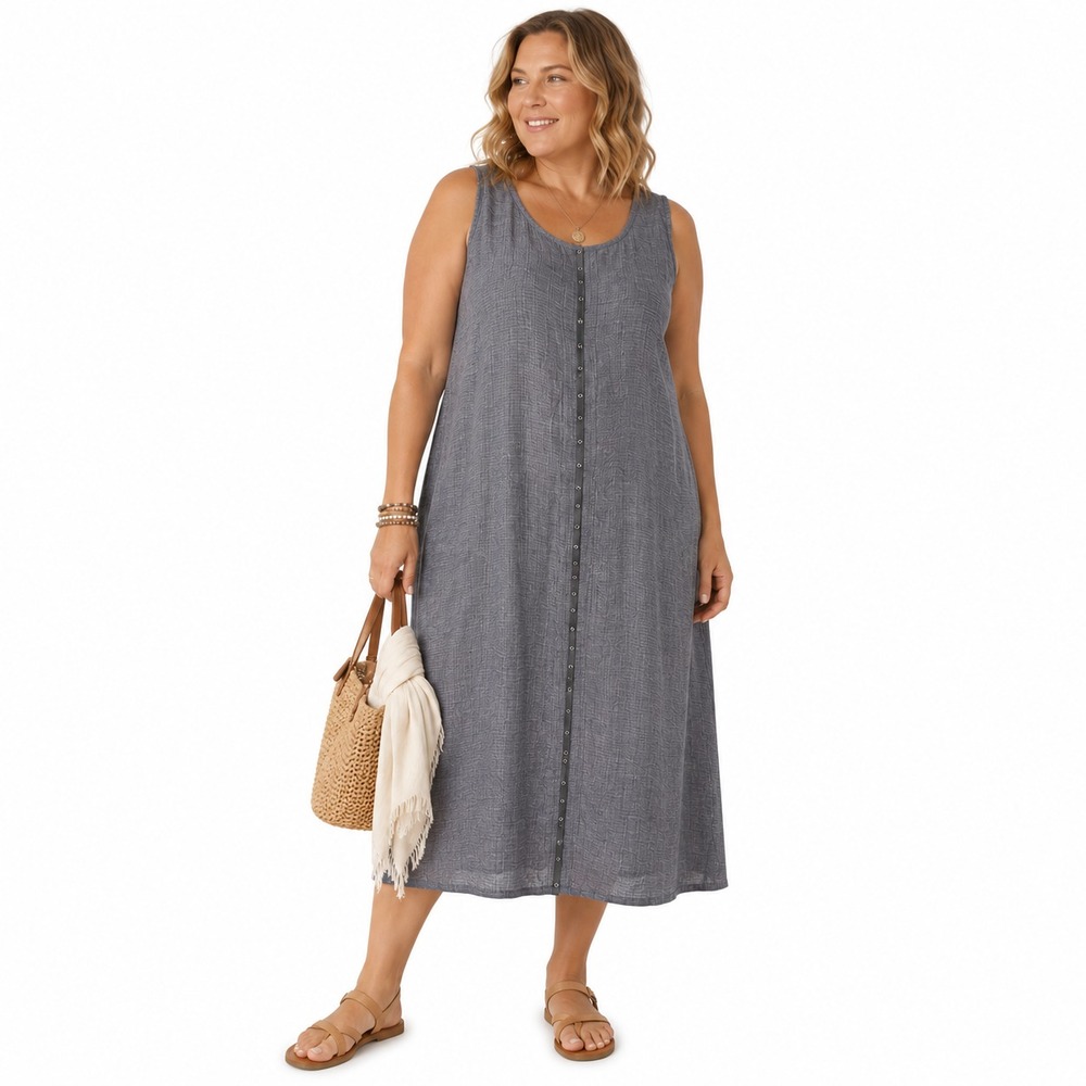 FLAX Jeanne Engelhart Womens 2G Linen Snap Front Maxi Dress Purple Gray Boho